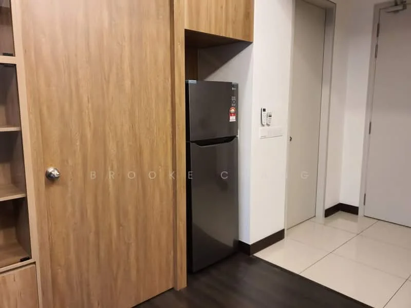 Room features: dark wood cabinetry, black fridge, white walls, white tiled flooring, door to hallway, built-in shelving, light switch, door handle; style: modern.