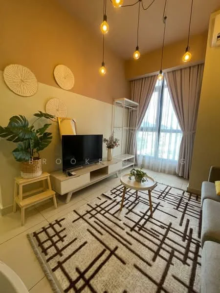 Living features: light grey fabric sofa, wooden coffee table, TV console, wall-mounted TV, area rug with geometric pattern, floor-to-ceiling windows, sheer curtains, hanging pendant lights, decorative wall art, indoor plant in woven basket, open shelving unit; style: modern; view: city.