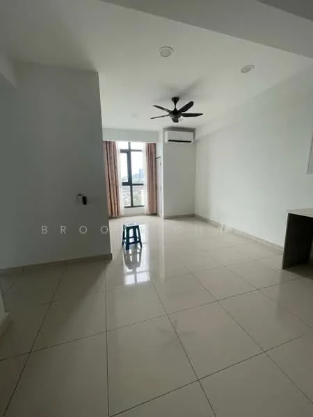 Living features: white painted walls, glossy ceramic tile flooring, 5-blade ceiling fan with light, floor-to-ceiling windows, curtains, air conditioning unit, light-colored furniture, stool; style: modern; view: city.