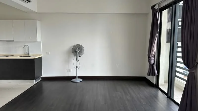 Living features: dark wood laminate flooring, white painted walls, floor-to-ceiling sliding glass door, curtains in grey, ceiling fan, open kitchen layout, kitchen counter with bar seating, stainless-steel sink; style: modern.
