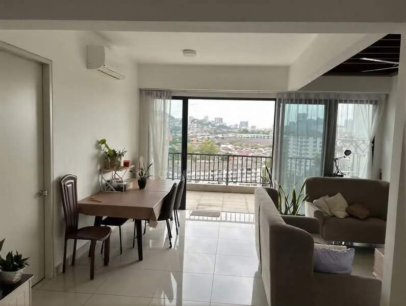 Living features: floor-to-ceiling windows, sliding glass door, white painted walls, polished tile flooring, 5-blade ceiling fan, sofa in light grey fabric, wooden dining table, 4 dining chairs, decorative houseplants, natural light from windows, city view, curtains, coffee table, wall-mounted lamp; style: modern; view: city.