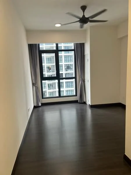 Room features: dark wood laminate flooring, white painted walls, ceiling fan, floor-to-ceiling windows, grey curtains, black window frames, recessed downlights; style: modern; view: city.