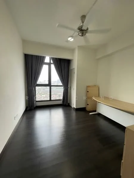 Bedroom features: dark wood flooring, white painted walls, floor-to-ceiling window, curtains in grey, ceiling fan with light, built-in desk, city view; style: modern; view: city.