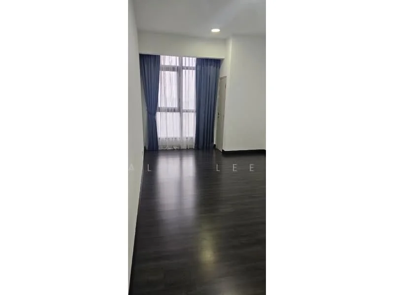 Room features: white painted walls, dark laminate flooring, floor-to-ceiling windows, sheer curtains, blue curtains, recessed downlights, door, corner of the room visible; style: modern.