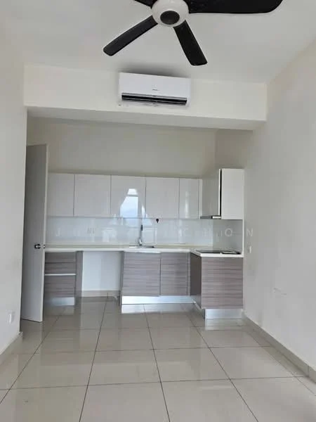 Kitchen features: white cabinetry, grey lower cabinets, stainless-steel sink, chrome pull-down faucet, marble countertop, built-in oven, refrigerator, ceramic tile flooring, wall-mounted split AC, 5-blade ceiling fan with light, window with natural light; style: modern.