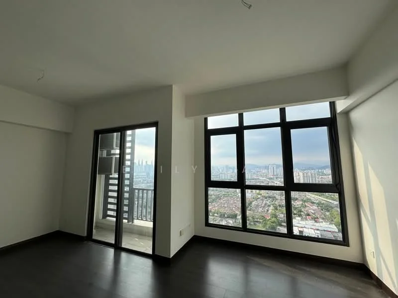 Room features: floor-to-ceiling windows, sliding glass door, white painted walls, dark wood flooring, city skyline view, recessed downlights, no visible furniture, open layout; style: modern; view: city.