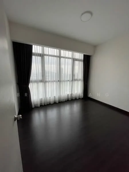 Bedroom features: dark wood flooring, white painted walls, floor-to-ceiling windows, sheer curtains, blackout curtains, recessed ceiling light, no visible furniture; style: modern; view: city.
