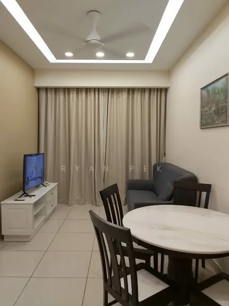 Living features: light grey fabric sofa, white TV console, wall-mounted TV, round marble dining table, 4 wooden dining chairs, cream curtains, recessed LED downlights, tray ceiling, white tiled flooring, decorative wall art; style: modern.
