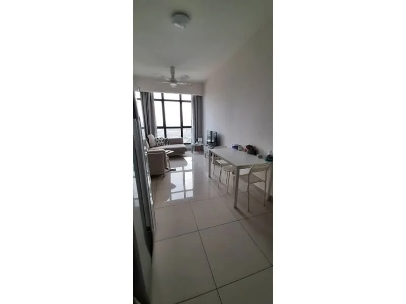Living features: white painted walls, glossy tile flooring, 5-blade ceiling fan with light, floor-to-ceiling windows, sofa, coffee table, TV console, wall-mounted TV, dining table with chairs; style: modern; view: city.
