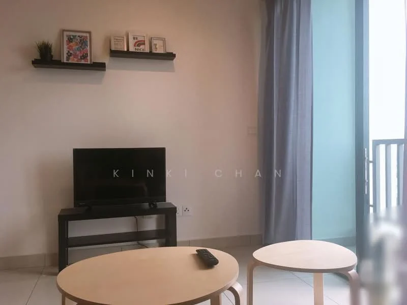 Living features: light grey painted walls, white ceiling, floor-to-ceiling windows, curtains in light blue, two round coffee tables, black TV console, flat-screen TV, decorative shelf with framed artwork, houseplant on shelf, tile flooring; style: modern; view: city.