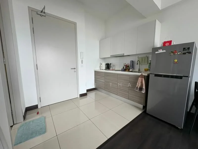 Kitchen features: white cabinets, grey lower cabinets, stainless-steel fridge, built-in countertop, ceramic tile flooring, recessed lighting, single-bowl stainless-steel sink, chrome pull-down faucet, kitchen appliances visible, wall-mounted cabinet, open shelving, neutral wall color, corner for dining table; style: modern.