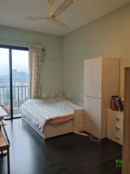 Bedroom features: queen-size bed with light bedding, floor-to-ceiling windows, sliding glass door, curtains, wooden flooring, ceiling fan, built-in wardrobe, nightstand, study desk, decorative wall, view of city skyline; style: modern; view: city.