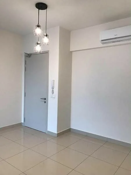 Room features: white painted walls, tile flooring, ceiling with pendant lights, wall-mounted split AC, intercom panel, door with handle, neutral color scheme; style: modern.