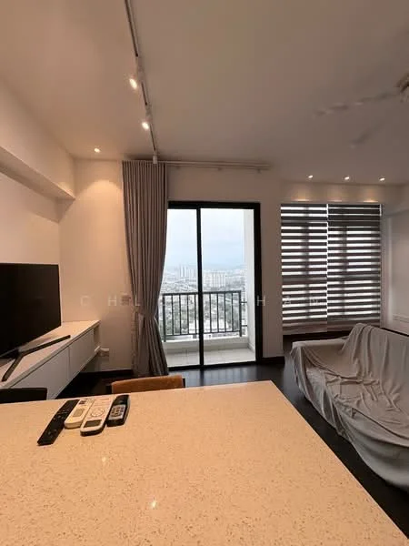 Living features: floor-to-ceiling windows, sliding glass door, curtains, recessed downlights, wall-mounted TV, white painted walls, dark wood flooring, sofa covered with throw, coffee table, kitchen island with white countertop; style: modern; view: city.