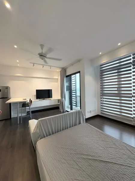 Living features: grey fabric sofa, wall-mounted TV, white media console, dining table with 4 chairs, stainless-steel fridge, ceiling fan, recessed downlights, floor-to-ceiling windows, roller blinds, dark wood flooring; style: modern; view: city.