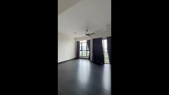 Room features: dark wood flooring, white painted walls, ceiling fan, floor-to-ceiling windows, blackout curtains, natural light from windows, view of greenery outside; style: modern; view: garden.