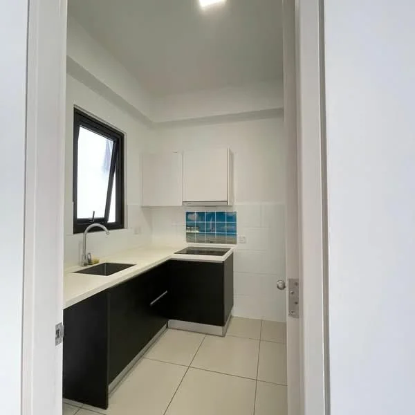 Kitchen features: black cabinetry, white countertop, single-bowl stainless-steel sink, chrome pull-down faucet, tile backsplash, white tiled walls, light-colored floor tiles, recessed ceiling lights, window with view, built-in oven, modern design; style: modern.