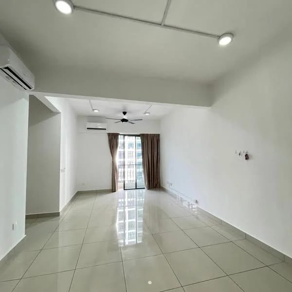 Living features: white painted walls, glossy ceramic tile flooring, 5-blade ceiling fan with light, sliding glass door, floor-to-ceiling windows, curtains, air conditioning unit, recessed downlights; style: modern; view: city.