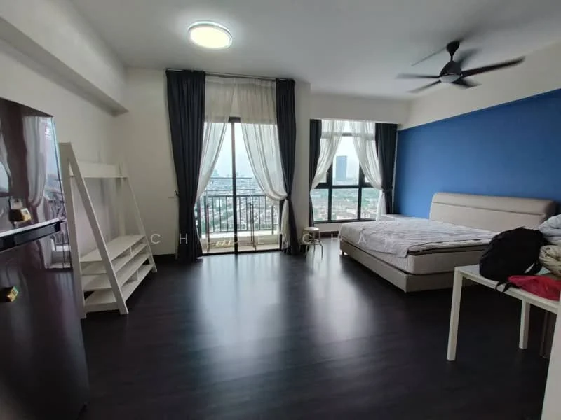 Bedroom features: king-size bed, upholstered headboard, floor-to-ceiling windows, blackout curtains, sheer curtains, 5-blade ceiling fan, dark wood laminate flooring, blue accent wall, white painted walls, built-in wardrobe, study desk, open shelving, refrigerator; style: modern; view: city.