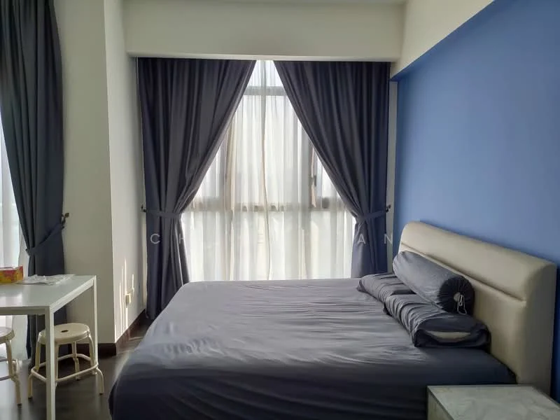 Bedroom features: king-size bed with upholstered headboard, grey bed linens, floor-to-ceiling windows, sheer curtains, dark blue accent wall, light grey walls, wooden flooring, small white dining table, two white stools; style: modern.