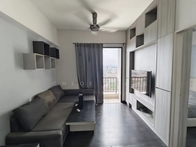 Living features: 3-seater fabric sofa in grey, coffee table, wall-mounted TV, built-in cabinetry, floor-to-ceiling windows, curtains, ceiling fan, dark laminate flooring; style: modern; view: city.