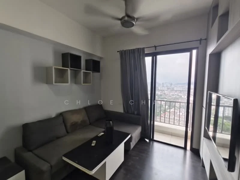 Living features: 3-seater fabric sofa in grey, coffee table, wall-mounted TV, floor-to-ceiling windows, curtains, ceiling fan, light grey painted walls, tile flooring, decorative shelving units; style: modern; view: city.