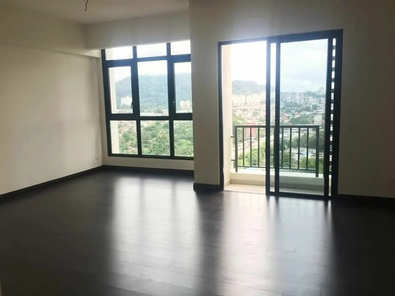 Living features: large floor-to-ceiling windows, sliding glass door, dark wood laminate flooring, white painted walls, mountain view, city view, balcony access; style: modern; view: city.