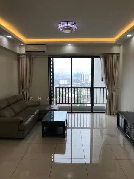 Living features: 3-seater leather sofa in beige, glass coffee table, wall-mounted TV, floor-to-ceiling windows, sheer curtains, recessed LED downlights, ceiling rose with chandelier, white painted walls, glossy ceramic tile flooring, 1 wall-mounted split AC; style: modern; view: city.