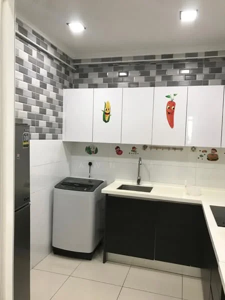 Kitchen features: white upper cabinets with decorative stickers, dark lower cabinets, white countertop, single-bowl stainless-steel sink, chrome pull-down faucet, grey and white mosaic tile backsplash, built-in washing machine, recessed LED downlights, ceramic tile flooring, wall-mounted power outlet; style: modern.