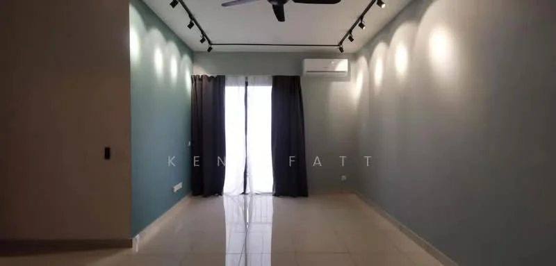 Room features: light grey painted walls, blue accent wall, glossy tile flooring, 5-blade ceiling fan, recessed downlights, sliding glass door, blackout curtains, air conditioning unit; style: modern.