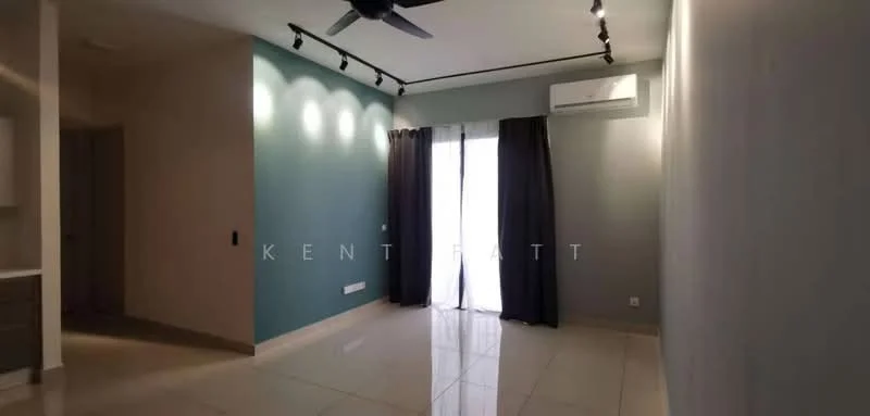 Living features: light grey painted walls, blue accent wall, polished tile flooring, 5-blade ceiling fan, recessed LED downlights, floor-to-ceiling windows, blackout curtains, wall-mounted air conditioning unit; style: modern.
