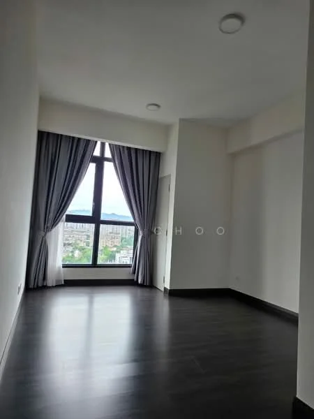 Room features: large floor-to-ceiling window, grey curtains, white painted walls, dark wood flooring, recessed ceiling lights; style: modern; view: city.