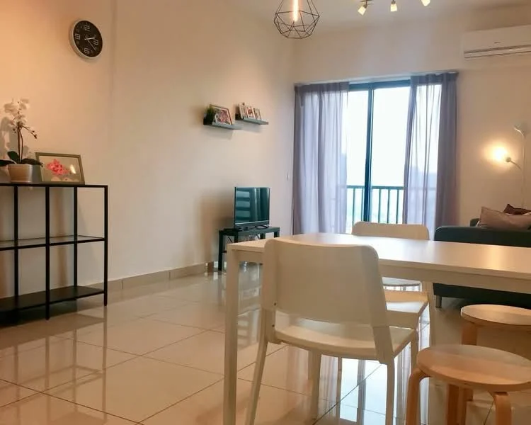 Living features: cream painted walls, glossy ceramic tile flooring, recessed downlights, floor-to-ceiling windows, sheer curtains, black TV console, wall-mounted TV, 3-seater fabric sofa in grey, white dining table, 4 white dining chairs, decorative plant in ceramic pot, wall clock, air conditioning unit; style: modern; view: city.