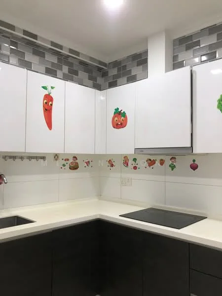 Kitchen features: white cabinetry with glossy finish, black countertop, double-bowl stainless-steel sink, chrome pull-down faucet, grey tile backsplash with mosaic pattern, decorative wall stickers with fruit designs, under-cabinet lighting, built-in refrigerator; style: modern.