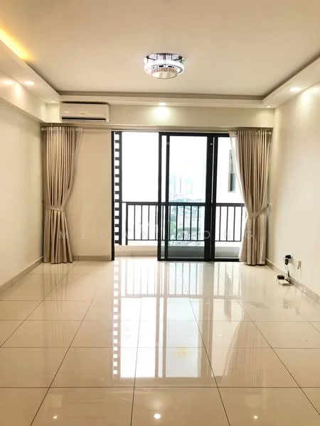 Living features: white painted walls, glossy ceramic tile flooring, recessed downlights, 5-blade ceiling fan with light, floor-to-ceiling sliding glass door, sheer curtains, balcony access, air conditioning unit; style: modern; view: city.