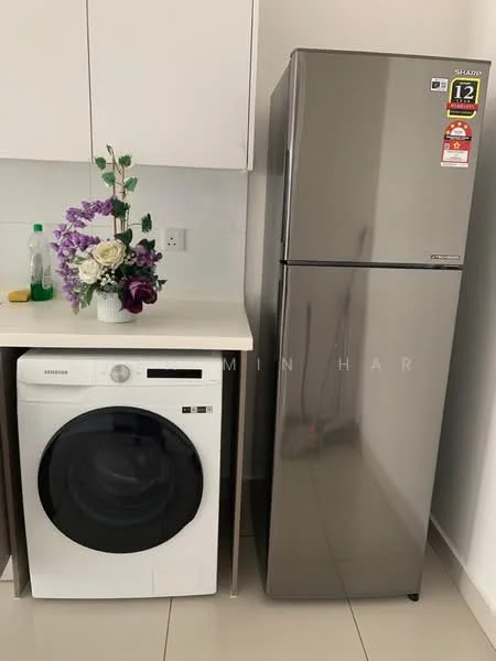 Laundry features: front-load washing machine in white, stainless-steel fridge, white cabinetry above, countertop surface, decorative flowers in vase, cleaning supplies on countertop, tile flooring, neutral wall colour; style: modern.