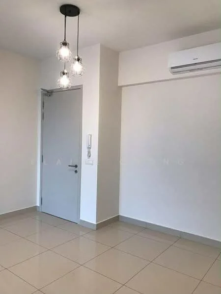 Room features: white painted walls, glossy beige tile flooring, 1 wall-mounted split AC, modern pendant lighting with three bulbs, plain ceiling, single door, intercom panel; style: modern.