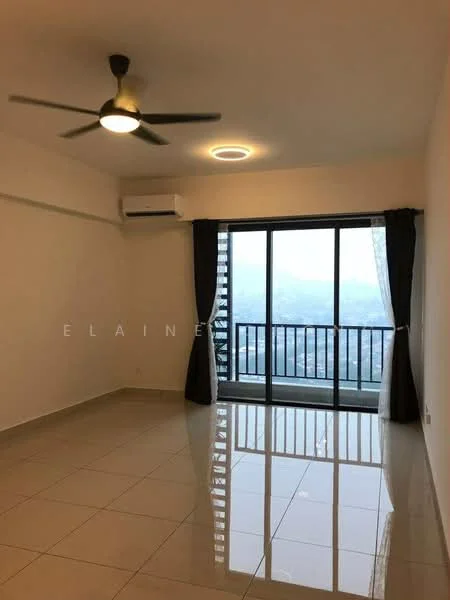 Living features: 5-blade ceiling fan with light, wall-mounted split AC, floor-to-ceiling windows, sliding glass door, blackout curtains, white painted walls, glossy ceramic tile flooring, recessed ceiling light; style: modern; view: city.
