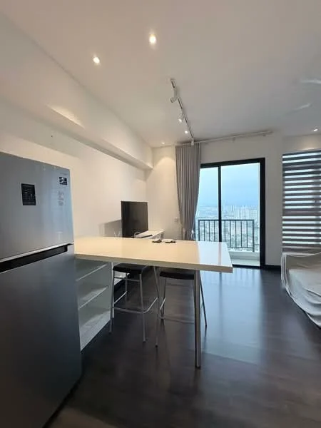 Living features: white painted walls, dark wood flooring, recessed downlights, floor-to-ceiling windows, sliding glass door, grey curtains, white dining table, metal bar stools, wall-mounted TV, stainless-steel fridge; style: modern; view: city.