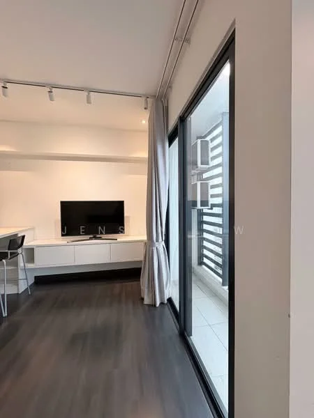 Living features: dark wood flooring, white walls, built-in TV console, wall-mounted TV, floor-to-ceiling windows, sheer curtains, recessed lighting, open layout to kitchen, sliding glass door, balcony view; style: modern; view: city.