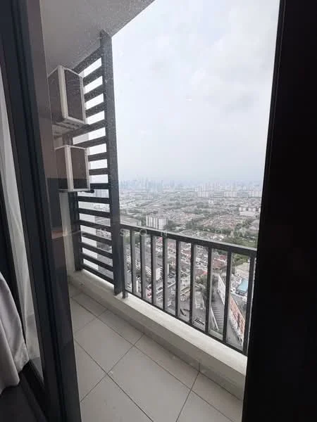 Room features: floor-to-ceiling windows, balcony with railing, grey tiled flooring, 2 wall-mounted split AC units, city view, glass door, overcast sky; style: modern; view: city.