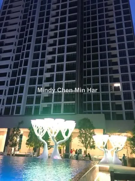 Exterior type: high-rise condominium; features: glass curtain wall facade, illuminated decorative trees, swimming pool, landscaped garden area, outdoor seating area, multiple storeys, modern architectural design; style: modern.