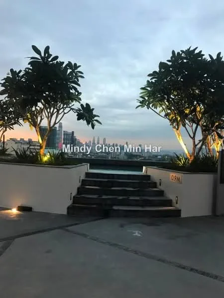 Exterior features: landscaped garden with tropical plants, stone steps leading up, outdoor lighting, concrete pathway, city skyline view in background; style: modern.