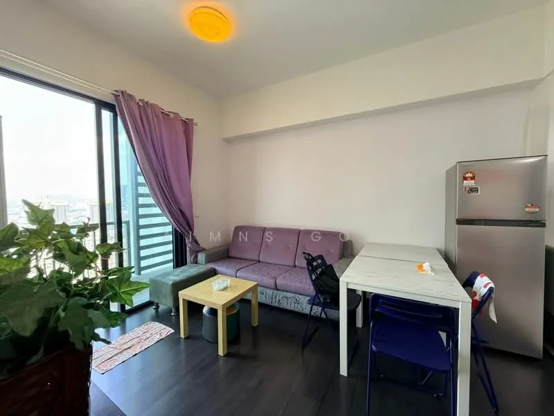 Living features: purple fabric sofa, coffee table, white dining table, blue dining chairs, stainless-steel fridge, floor-to-ceiling windows, curtains in purple, dark wood flooring, ceiling light fixture; style: modern; view: city.