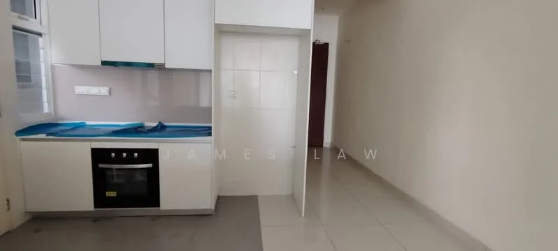 Kitchen features: white cabinetry, grey countertop, built-in oven, ceramic tile flooring, white tiled backsplash, single-bowl stainless-steel sink, chrome pull-down faucet, open layout, wall-mounted cabinets, sliding door to hallway; style: modern. Room features: cream painted walls, neutral flooring, open space leading to hallway.