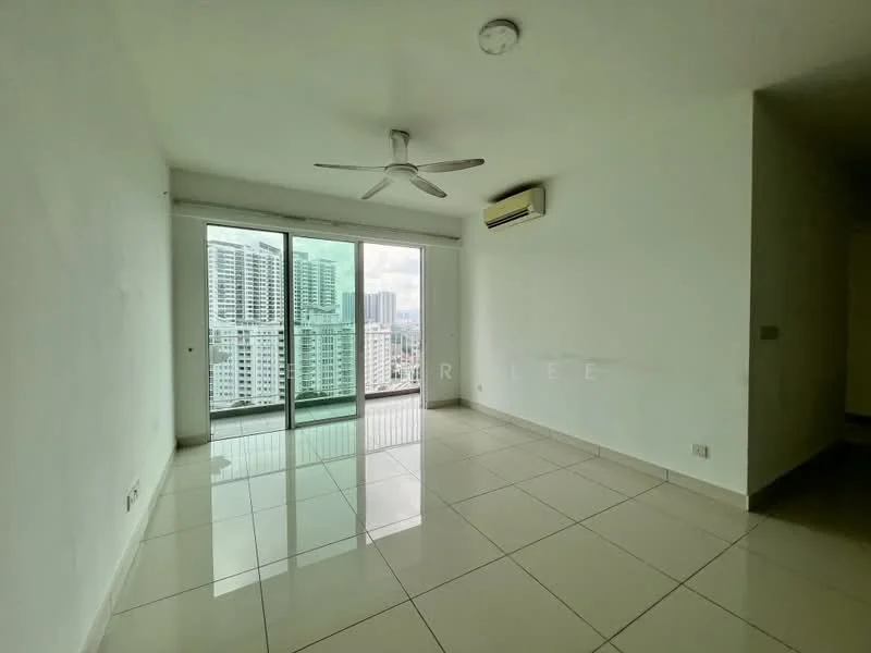 Living features: white painted walls, glossy ceramic tile flooring, 5-blade ceiling fan with light, floor-to-ceiling windows, sliding glass door, city view, air conditioning unit; style: modern; view: city.