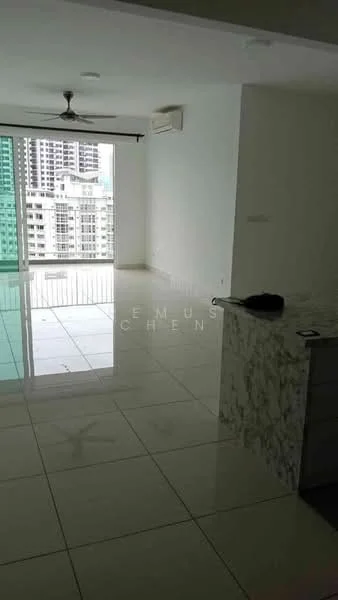 Living features: white painted walls, glossy tile flooring, 5-blade ceiling fan, floor-to-ceiling windows, sliding glass door, balcony access, air conditioning unit, neutral decor; style: modern; view: city. Kitchen features: marble countertop, kitchen island, built-in cabinetry, stainless-steel sink, modern faucet; style: modern.