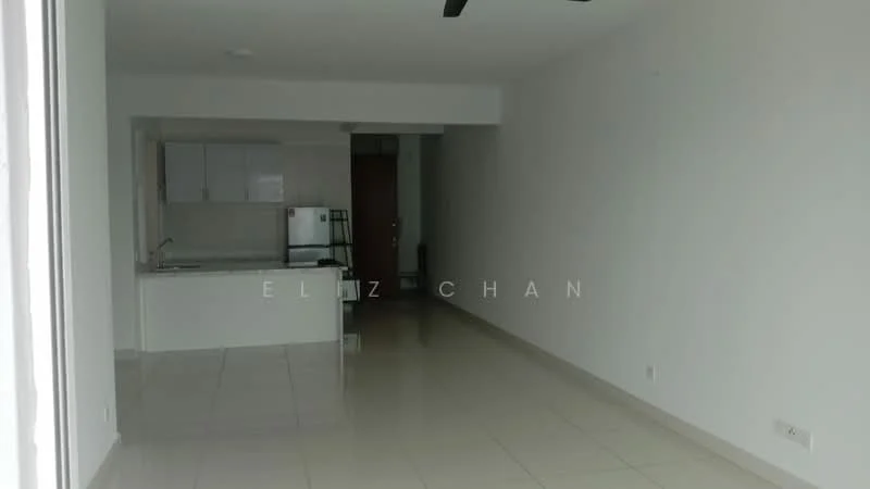 Living features: white painted walls, glossy tile flooring, ceiling fan, open-plan layout, large windows, kitchenette with cabinets, stainless-steel fridge, neutral color scheme; style: modern.