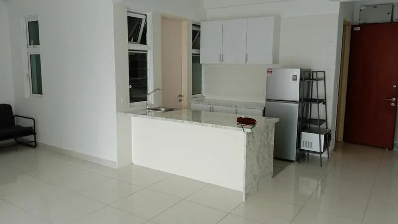 Kitchen features: white painted walls, marble countertop, single-bowl stainless-steel sink, chrome pull-down faucet, white upper cabinets, stainless-steel fridge, built-in oven, ceramic tile flooring, recessed downlights, open shelving, kitchen island; style: modern. Living features: white painted walls, ceramic tile flooring, floor-to-ceiling windows, black armchair, open layout; style: modern.