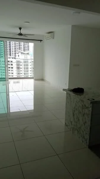 Living features: large floor-to-ceiling windows, sliding glass door, white painted walls, marble tile flooring, 5-blade ceiling fan, wall-mounted split AC, open layout, balcony access, natural light, minimalist decor; style: modern; view: city. Room features: white cabinetry, marble countertop, kitchen island.